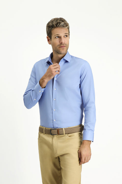 Açık Mavi Uzun Kol Slim Fit Dar Kesim Pamuklu Non Iron Saten Klasik Gömlek