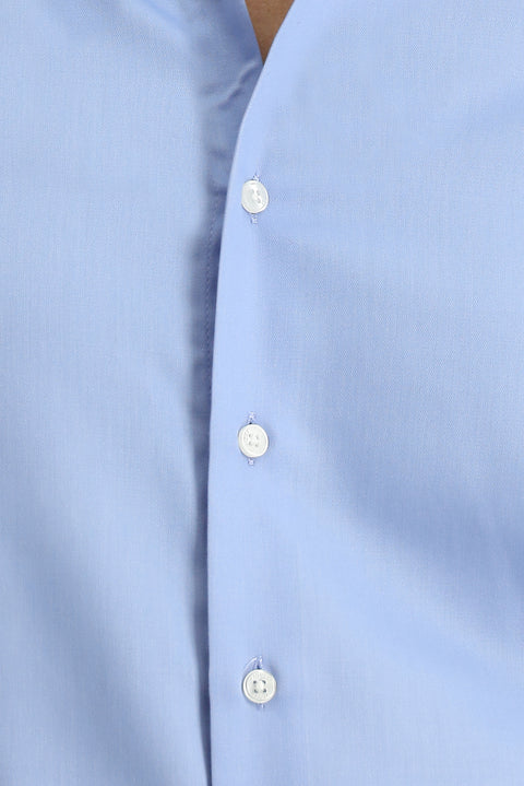 Açık Mavi Uzun Kol Slim Fit Dar Kesim Pamuklu Non Iron Saten Klasik Gömlek