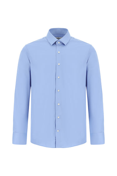 Açık Mavi Uzun Kol Slim Fit Dar Kesim Pamuklu Non Iron Saten Klasik Gömlek