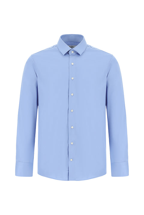 Açık Mavi Uzun Kol Slim Fit Dar Kesim Pamuklu Non Iron Saten Klasik Gömlek