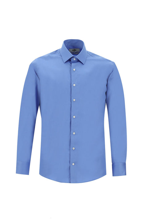 Aqua Mavisi Uzun Kol Slim Fit Dar Kesim Pamuklu Non Iron Saten Klasik Gömlek