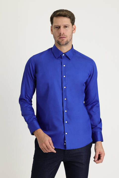 Saks Mavi Uzun Kol Slim Fit Dar Kesim Pamuklu Non Iron Ütü Gerektirmeyen Saten Klasik Gömlek