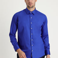 Saks Mavi Uzun Kol Slim Fit Dar Kesim Pamuklu Non Iron Saten Klasik Gömlek