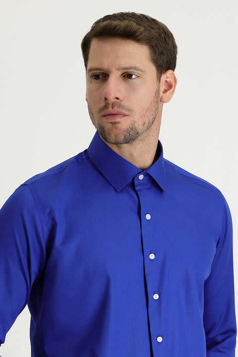 Saks Mavi Uzun Kol Slim Fit Dar Kesim Pamuklu Non Iron Saten Klasik Gömlek