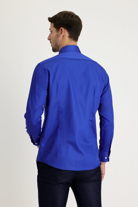 Saks Mavi Uzun Kol Slim Fit Dar Kesim Pamuklu Non Iron Ütü Gerektirmeyen Saten Klasik Gömlek