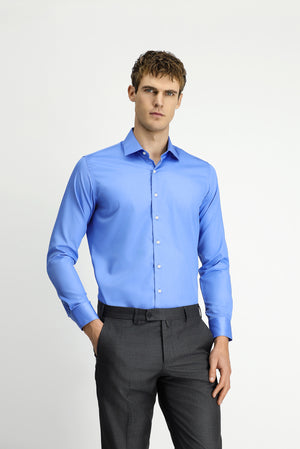 Koyu Mavi  Uzun Kol Slim Fit Dar Kesim Pamuklu Non Iron Saten Klasik Gömlek