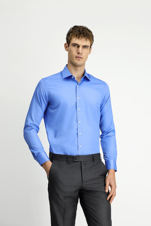 Koyu Mavi  Uzun Kol Slim Fit Dar Kesim Pamuklu Non Iron Saten Klasik Gömlek