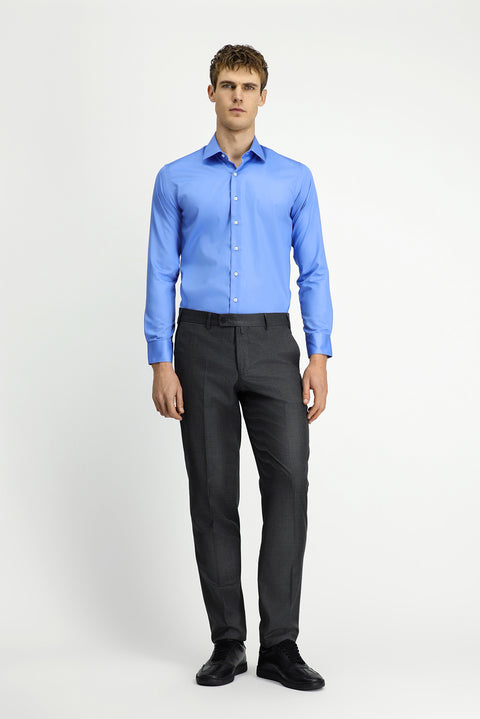 Koyu Mavi  Uzun Kol Slim Fit Dar Kesim Pamuklu Non Iron Saten Klasik Gömlek