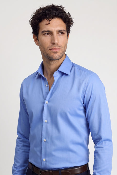 Koyu Mavi  Uzun Kol Slim Fit Dar Kesim Pamuklu Non Iron Ütü Gerektirmeyen Saten Klasik Gömlek