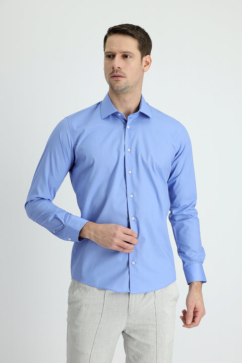 Aqua Mavisi Uzun Kol Slim Fit Dar Kesim Non Iron Klasik Pamuklu Gömlek
