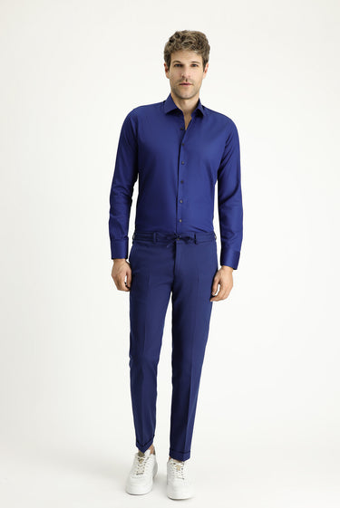  Orta Lacivert Uzun Kol Slim Fit Dar Kesim Klasik Non Iron Saten Pamuklu Gömlek