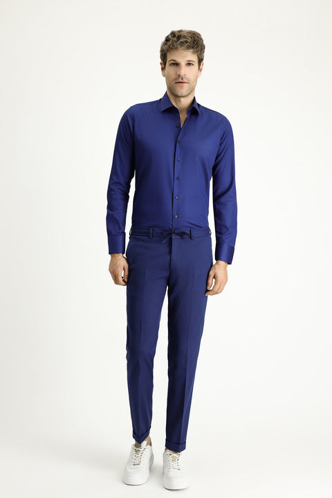 Orta Lacivert Uzun Kol Slim Fit Dar Kesim Klasik Non Iron Saten Pamuklu Gömlek