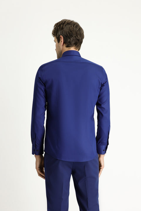Orta Lacivert Uzun Kol Slim Fit Dar Kesim Klasik Non Iron Saten Pamuklu Gömlek