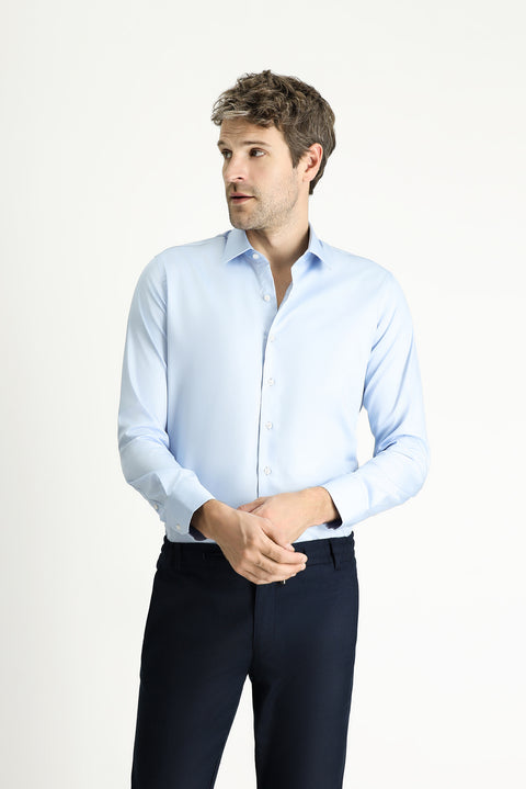Uçuk Mavi Uzun Kol Slim Fit Dar Kesim Klasik Non Iron Saten Pamuklu Gömlek