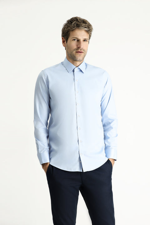 Uçuk Mavi Uzun Kol Slim Fit Dar Kesim Klasik Non Iron Saten Pamuklu Gömlek