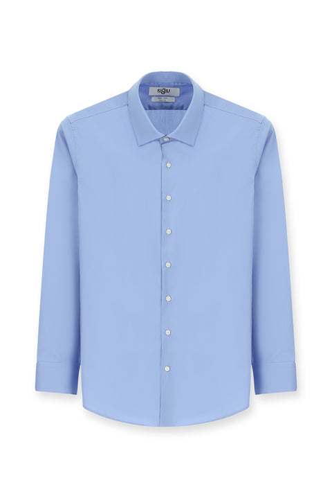 Açık Mavi Uzun Kol Slim Fit Dar Kesim Klasik Non Iron Saten Pamuklu Gömlek