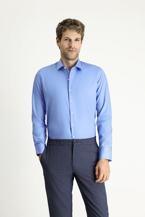 Aqua Mavisi Uzun Kol Slim Fit Dar Kesim Klasik Non Iron Saten Pamuklu Gömlek