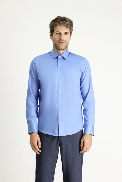 Aqua Mavisi Uzun Kol Slim Fit Dar Kesim Klasik Non Iron Saten Pamuklu Gömlek
