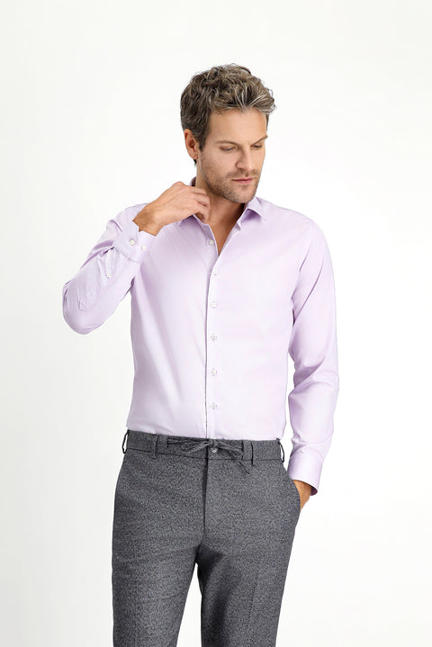 Lila Uzun Kol Slim Fit Dar Kesim Klasik Non Iron Saten Pamuklu Gömlek