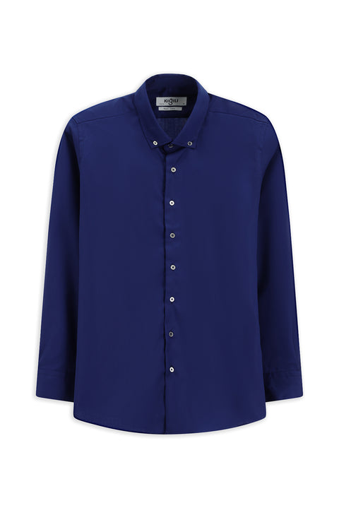 Orta Lacivert Uzun Kol Slim Fit Dar Kesim Non Iron Ütü Gerektirmeyen Pamuklu Düğmeli Yaka Gömlek