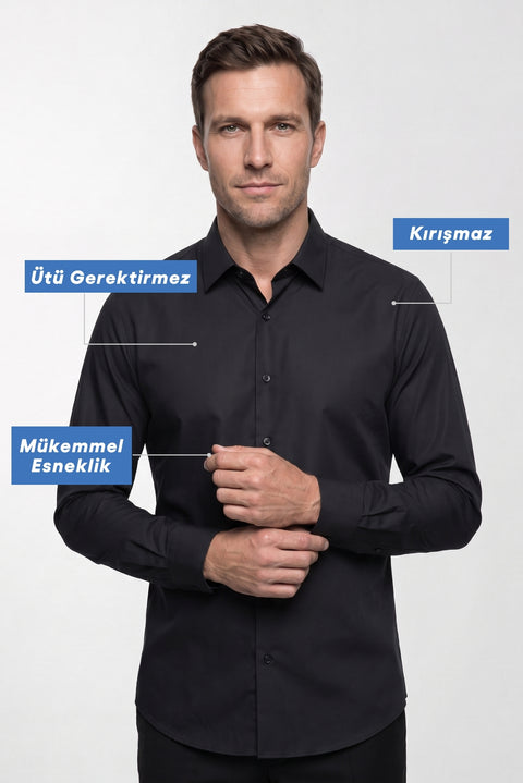 Siyah Uzun Kol Slim Fit Non Iron Ütü Gerektirmeyen Pamuklu Klasik Gömlek