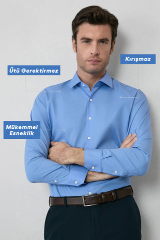  Aqua Mavisi Uzun Kol Slim Fit Non Iron Ütü Gerektirmeyen Pamuklu Klasik Gömlek
