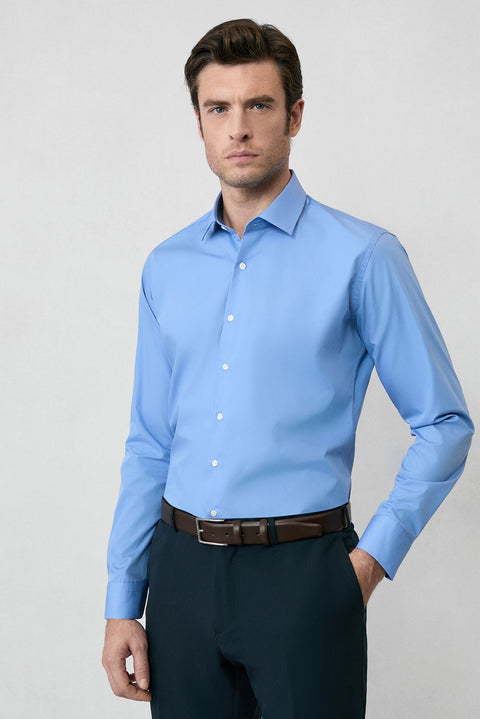 Aqua Mavisi Uzun Kol Slim Fit Non Iron Ütü Gerektirmeyen Pamuklu Klasik Gömlek