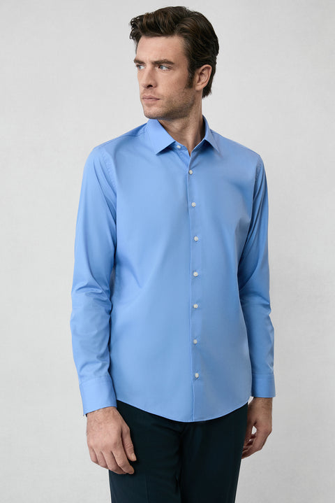 Aqua Mavisi Uzun Kol Slim Fit Non Iron Ütü Gerektirmeyen Pamuklu Klasik Gömlek