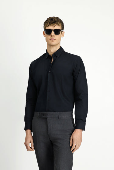  Siyah Uzun Kol Slim Fit Dar Kesim Non Iron Ütü Gerektirmeyen Pamuklu Düğmeli Yaka Gömlek
