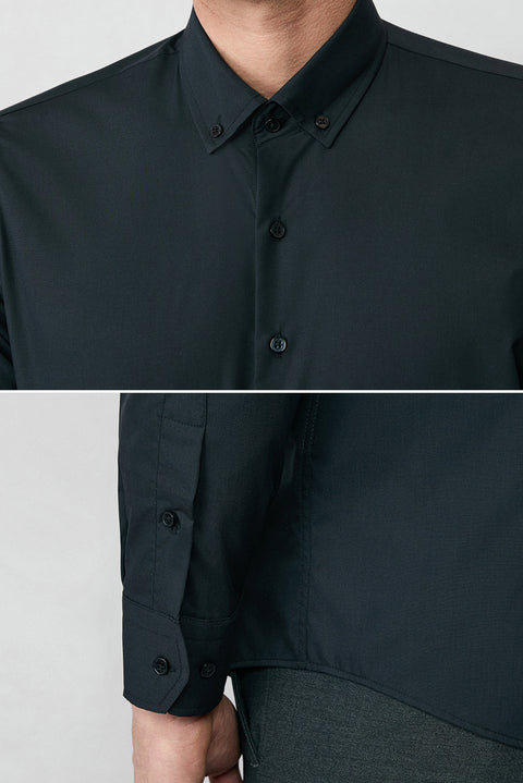 Siyah Uzun Kol Slim Fit Düğmeli Yaka Pamuklu Non Iron Ütü Gerektirmeyen Gömlek