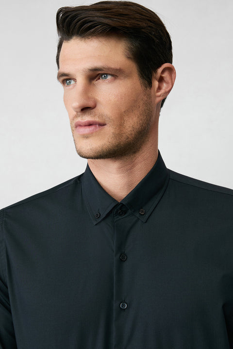 Siyah Uzun Kol Slim Fit Düğmeli Yaka Pamuklu Non Iron Ütü Gerektirmeyen Gömlek