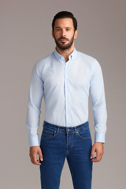 Uçuk Mavi Uzun Kol Slim Fit Düğmeli Yaka Pamuklu Non Iron Ütü Gerektirmeyen Gömlek