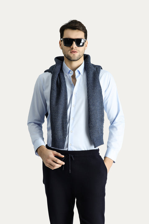 Uçuk Mavi Uzun Kol Slim Fit Düğmeli Yaka Pamuklu Non Iron Ütü Gerektirmeyen Gömlek