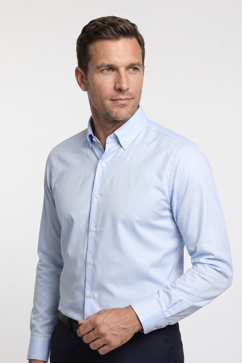 Uçuk Mavi Uzun Kol Slim Fit Düğmeli Yaka Pamuklu Non Iron Ütü Gerektirmeyen Gömlek