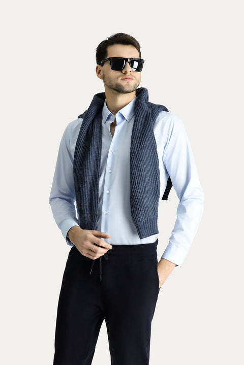 Uçuk Mavi Uzun Kol Slim Fit Düğmeli Yaka Pamuklu Non Iron Ütü Gerektirmeyen Gömlek