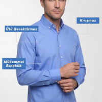 Aqua Mavisi Uzun Kol Slim Fit Düğmeli Yaka Pamuklu Non Iron Ütü Gerektirmeyen Gömlek