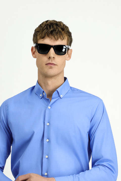 Aqua Mavisi Uzun Kol Slim Fit Düğmeli Yaka Pamuklu Non Iron Ütü Gerektirmeyen Gömlek