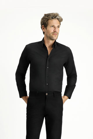  Siyah Uzun Kol Slim Fit Düğmeli Yaka Pamuklu Kolay Ütülenebilir 4 Mevsim Oxford Gömlek