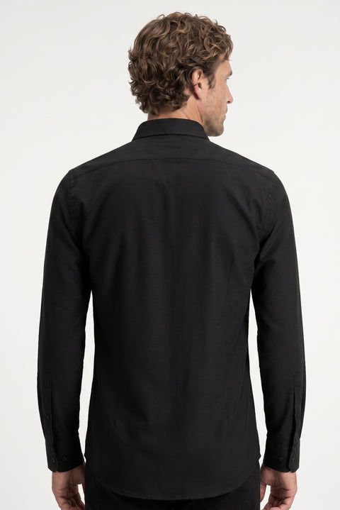 Siyah Uzun Kol Slim Fit Düğmeli Yaka Pamuklu Kolay Ütülenebilir 4 Mevsim Oxford Gömlek