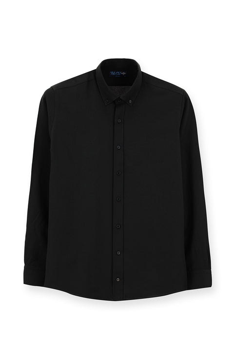 Siyah Uzun Kol Slim Fit Düğmeli Yaka Pamuklu Kolay Ütülenebilir 4 Mevsim Oxford Gömlek
