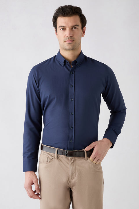 Koyu Lacivert Uzun Kol Slim Fit Düğmeli Yaka Pamuklu Kolay Ütülenebilir 4 Mevsim Oxford Gömlek