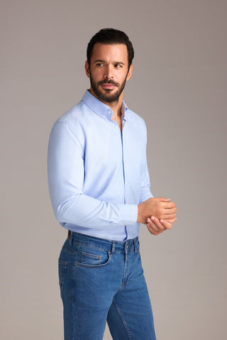  Açık Mavi Uzun Kol Slim Fit Düğmeli Yaka Pamuklu Kolay Ütülenebilir 4 Mevsim Oxford Gömlek