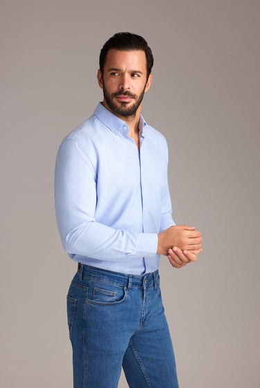  Açık Mavi Uzun Kol Slim Fit Düğmeli Yaka Pamuklu Kolay Ütülenebilir 4 Mevsim Oxford Gömlek