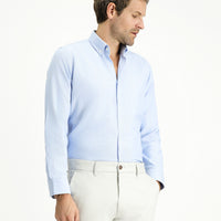 Açık Mavi Uzun Kol Slim Fit Düğmeli Yaka Pamuklu Kolay Ütülenebilir 4 Mevsim Oxford Gömlek