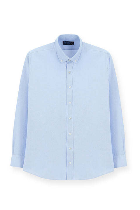 Açık Mavi Uzun Kol Slim Fit Düğmeli Yaka Pamuklu Kolay Ütülenebilir 4 Mevsim Oxford Gömlek