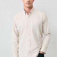 Orta Bej Uzun Kol Slim Fit Düğmeli Yaka Pamuklu Kolay Ütülenebilir 4 Mevsim Oxford Gömlek