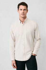  Orta Bej Uzun Kol Slim Fit Düğmeli Yaka Pamuklu Kolay Ütülenebilir 4 Mevsim Oxford Gömlek