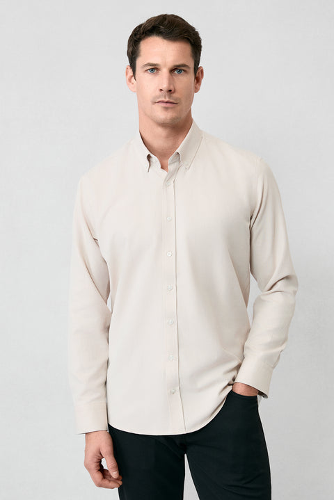 Orta Bej Uzun Kol Slim Fit Düğmeli Yaka Pamuklu Kolay Ütülenebilir 4 Mevsim Oxford Gömlek