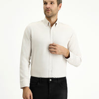 Orta Bej Uzun Kol Slim Fit Düğmeli Yaka Pamuklu Kolay Ütülenebilir 4 Mevsim Oxford Gömlek