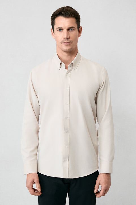 Orta Bej Uzun Kol Slim Fit Düğmeli Yaka Pamuklu Kolay Ütülenebilir 4 Mevsim Oxford Gömlek
